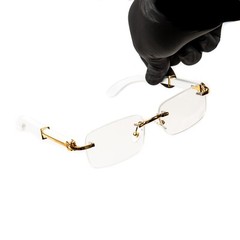 Luxury Square Clear Lens Mens Gold Frame White Wood Grain Rectangular Glasses