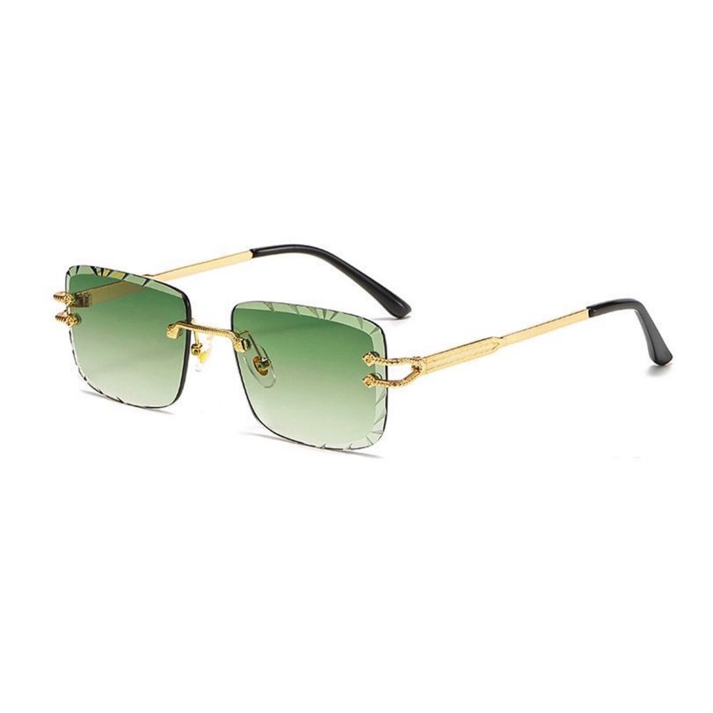 Men’s Rimless Gold Frame Green Gradient Tint Gem Cut Lens Hip Hop Sunglasses​