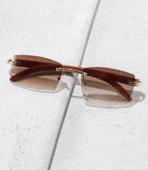 Men’s Rimless Sky Blue Tint Rectangular Vintage Wood Grain Gold Frame Retro Sung