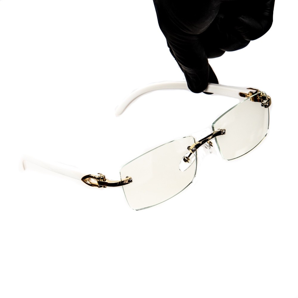 White Wood Grain Clear Lens Mens Gold Frame Rectangular Luxury Square Glasses