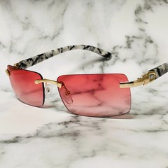 Mens Rimless Red Tint Square Gold Frame Rectangular Hip Hop Fashion Sunglasses
