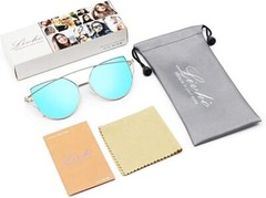 Livhò Cat Eye Sunglasses Women Silver Metal Blue Mirror Flat Lenses UV400 Trendy