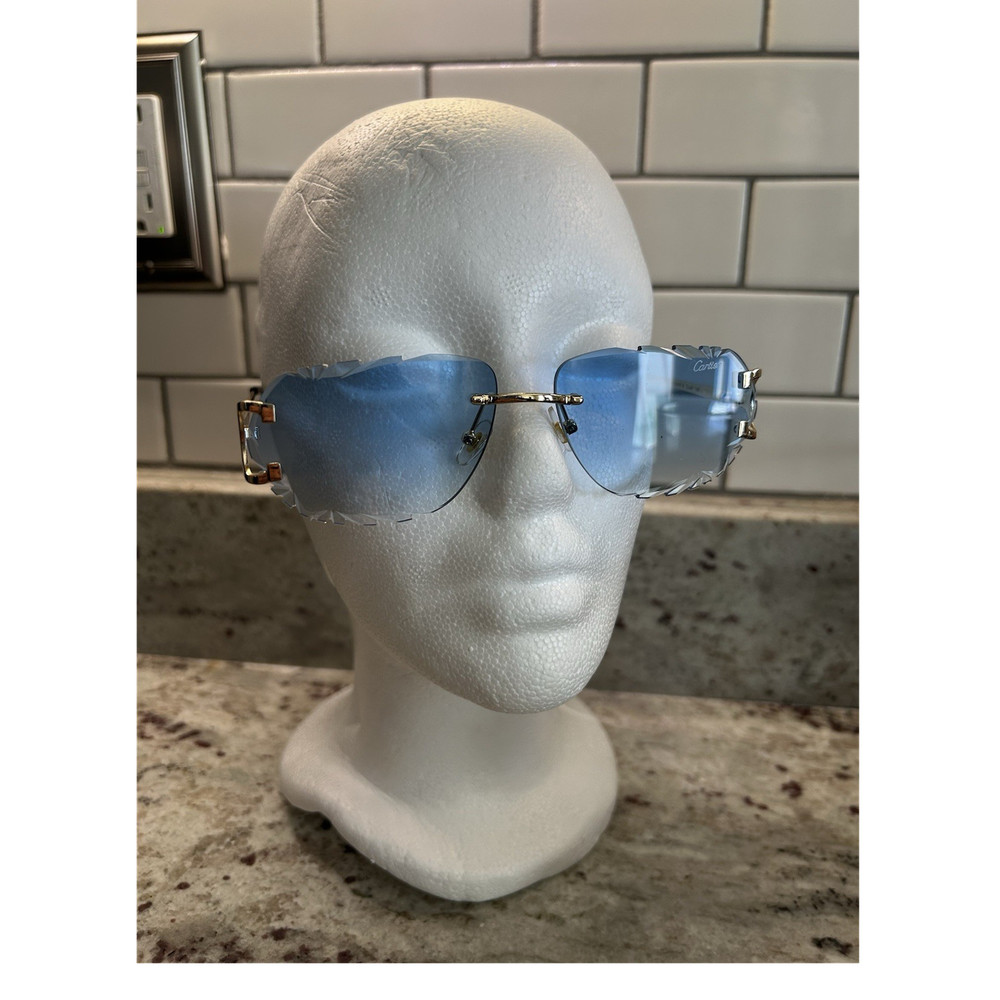 Rimless Gold Metal Sunglasses Blue Tinted Plastic Lenses Solid Pattern