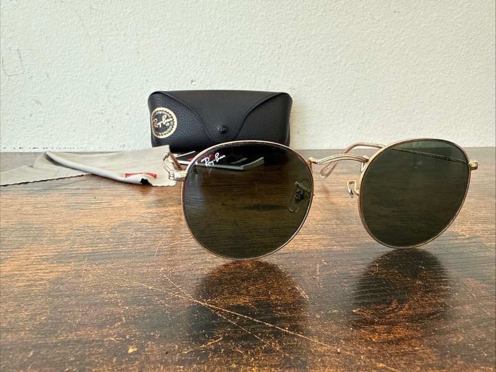 Ray‑Ban RB3447 Round Metal Sunglasses — Model 001 — Size 50‑21 — Green 3N Lenses