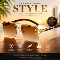 Unisex Luxury Rimless Sunglasses Gold Frame Wood Arm Brown Gradient UV400