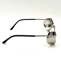 Gothic Steampunk Round Sunglasses Silver & Black Designer Frame & Mirrored Lens