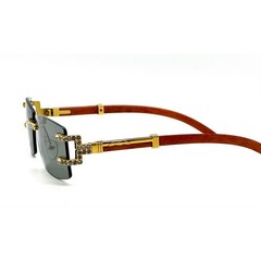 Mens Rimless Rectangle Sunglasses Gold Wood Grain Crystal Iced Out Grey Lens New