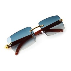 Rectangle Turquoise Gradient Tint Rimless Gold Frame Retro Woodgrain Sunglasses