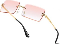 Men Vintage Rimless Small Rectangular Gold Frame Dark Blue Lens Tint Sunglasses